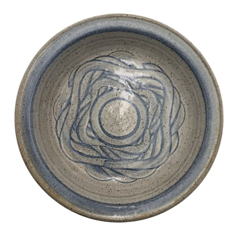 Vintage Signed Studio Pottery Shallow Bowl Hand-Painted Swirl Speckled Gray Blue